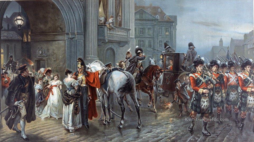 Beschworen Waterloo Brüssel Morgendämmerung des 16 Juni 1815 Robert Alexander Hillingford historische Kampfszenen Militärkrieg Ölgemälde